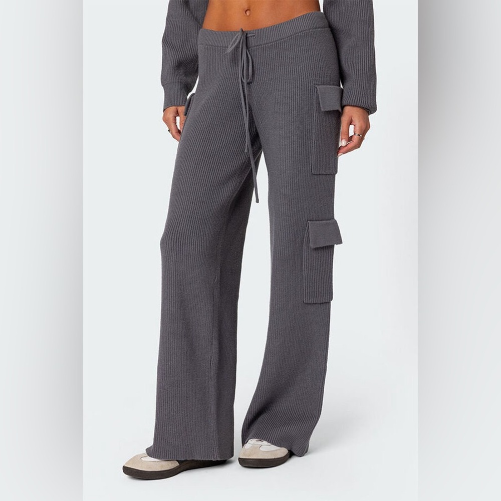 Edikted Charcoal Wide Leg Cargo Knit Pants